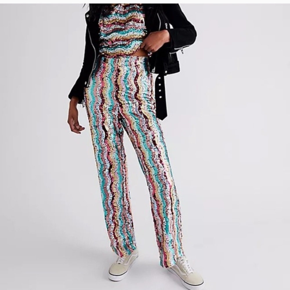 Free People Disco Flare Sequin Pants Size 2 Retro Party ABBA
